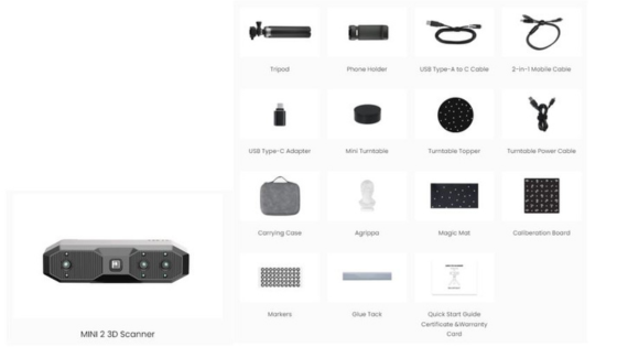 De Revopoint MINI 2 wordt zeer compleet geleverd met diverse accessoires | Bits2Atoms