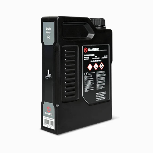 Raise3D Draft Grey Resin 1kg fles, gezien van rechtsvoor