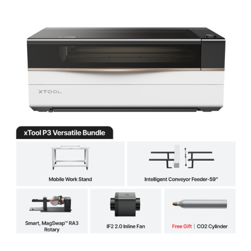 xTool P3 Versatile Bundle 80W CO₂ lasersnijder en lasergraveerder met Smart RA3 Rotary, Inline Fan, Conveyor Feeder en Mobile