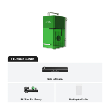 xTool F1 Deluxe Bundle bestaat uit: xTool F1 laser graveerder -snijder, xTool F1 Smoke Purifier, xTool RA2 Pro en xTool F1 Sl