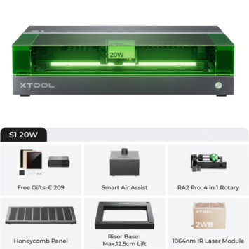 xTool S1 - 20W Rotary en IR Bundel met xTool S1 Smart Air Assist Set, xTool S1 Honeycomb Panel, xTool RA2 Pro, xTool Riser Ba