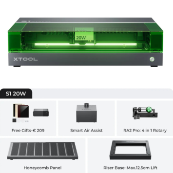 xTool S1 - 20W Rotary Kit Bundel met xTool S1 Smart Air Assist Set, xTool S1 Honeycomb Panel, xTool RA2 Pro en xTool Riser Ba